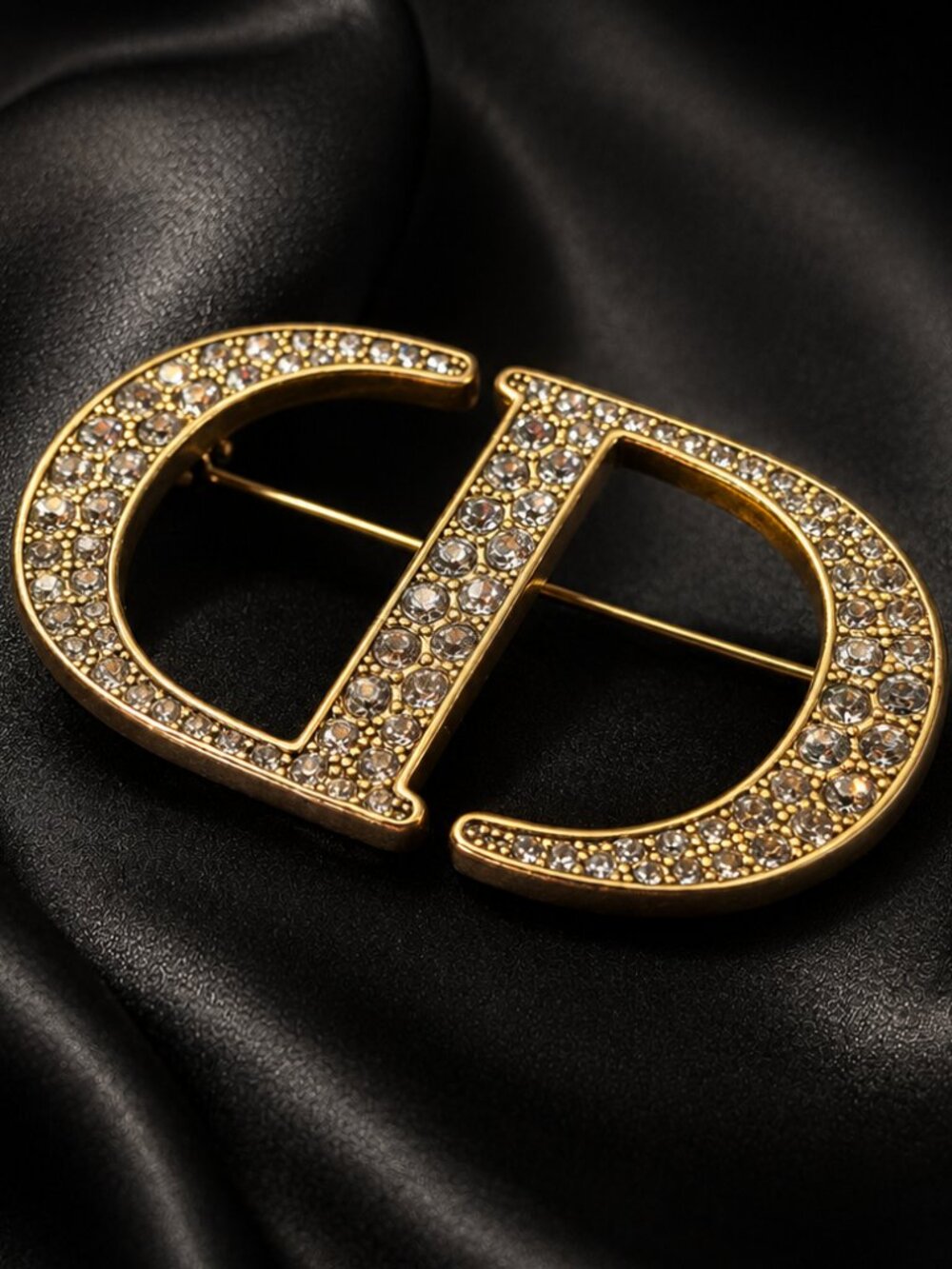 Authentic Christian Dior Antique Gold Crystal CD Logo Brooch Pin Stamped